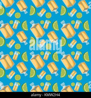 Bottiglie di tequila e fette di limone pattern in sfondo blu Illustrazione Vettoriale