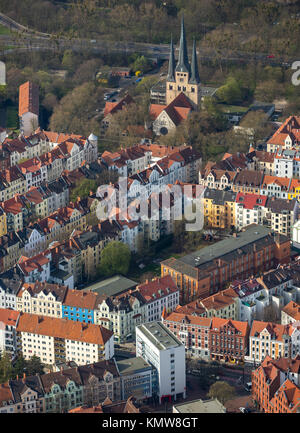 District Linden-Nord, perimetro block development, fiumi Leine e Ihme, tetti in tegole rosse, Ev. Luth. Rectory Betlemme Chiesa, Hannover, capitale dello stato, Foto Stock