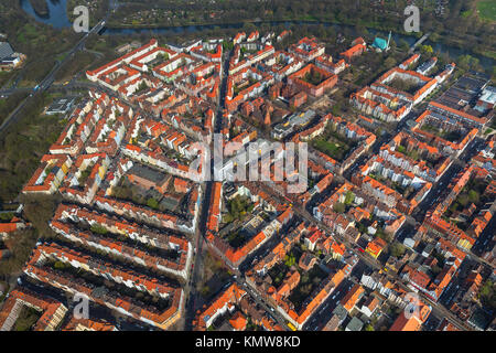 District Linden-Nord, perimetro block development, fiumi Leine e Ihme, tetti in tegole rosse, san Benno Chiesa, Hannover, capitale dello stato, Bassa Sassonia, germe Foto Stock