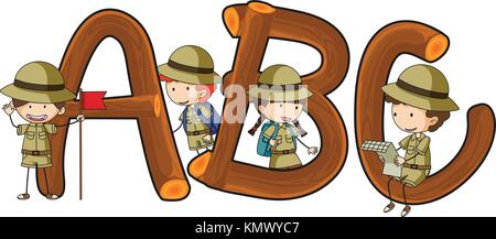 Alfabeti inglese e i bambini in safari outfit illustrazione Illustrazione Vettoriale