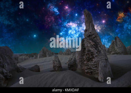 La notte sul pianeta alieno, fantascienza illustrazione Foto Stock