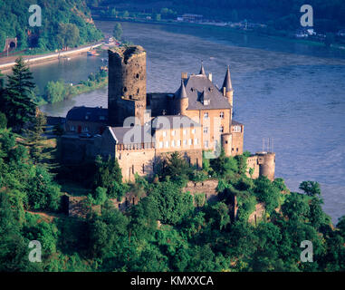 Burg Katz e il fiume Reno presso San Goarshausen, Renania - Palatinato, Germania Foto Stock