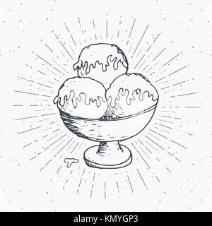 Ice Cream sketch, etichetta vintage, disegnato a mano textured grunge badge, logo retrò template design tipografia illustrazione vettoriale Illustrazione Vettoriale