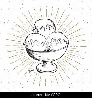 Ice Cream sketch, etichetta vintage, disegnato a mano textured grunge badge, logo retrò template design tipografia illustrazione vettoriale Illustrazione Vettoriale