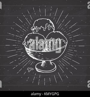 Ice Cream sketch, etichetta vintage, disegnato a mano textured grunge badge, logo retrò template design tipografia illustrazione vettoriale Illustrazione Vettoriale