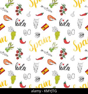 Spagna seamless pattern doodle elementi, mano bozzetto di cucina spagnola di gamberetti, olive, uva, bandiera e lettering. illustrazione vettoriale sfondo Illustrazione Vettoriale