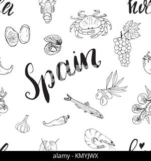 Spagna seamless pattern doodle elementi, mano bozzetto di cucina spagnola di gamberetti, olive, uva, bandiera e lettering. illustrazione vettoriale sfondo Illustrazione Vettoriale