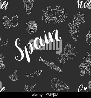 Spagna seamless pattern doodle elementi, mano bozzetto di cucina spagnola di gamberetti, olive, uva, bandiera e lettering. illustrazione vettoriale sfondo Illustrazione Vettoriale