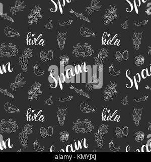 Spagna seamless pattern doodle elementi, mano bozzetto di cucina spagnola di gamberetti, olive, uva, bandiera e lettering. illustrazione vettoriale sfondo Illustrazione Vettoriale