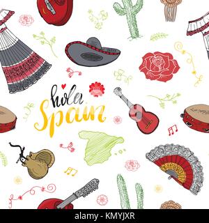 Spagna seamless pattern doodle elementi, mano bozzetto spagnolo tradizionale chitarre, abito e strumenti musicali, mappa della Spagna e scritte - hola Illustrazione Vettoriale