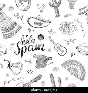 Spagna seamless pattern doodle elementi, mano bozzetto spagnolo tradizionale chitarre, abito e strumenti musicali, mappa della Spagna e scritte - hola Illustrazione Vettoriale