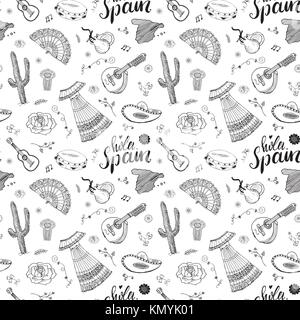 Spagna seamless pattern doodle elementi, mano bozzetto spagnolo tradizionale chitarre, abito e strumenti musicali, mappa della Spagna e scritte - hola Illustrazione Vettoriale