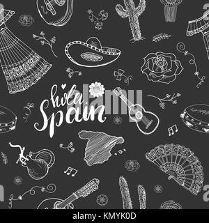 Spagna seamless pattern doodle elementi, mano bozzetto spagnolo tradizionale chitarre, abito e strumenti musicali, mappa della Spagna e scritte - hola Illustrazione Vettoriale