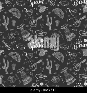 Spagna seamless pattern doodle elementi, mano bozzetto spagnolo tradizionale chitarre, abito e strumenti musicali, mappa della Spagna e scritte - hola Illustrazione Vettoriale