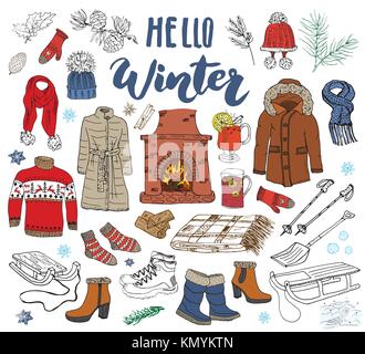 Stagione invernale impostato doodle elementi. mano bozzetto collezione con camino, un bicchiere di vino caldo, stivali, vestiti, calde coperte, calze, guanti e cappelli Illustrazione Vettoriale