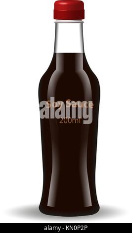 Salsa di soia in una bottiglia di vetro. 3d stile realista. cucina asiatica. isolato su sfondo bianco. mock-up per il design di prodotto. illustrazione vettoriale. Illustrazione Vettoriale