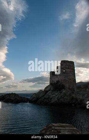 Corsica: Mare Mediterraneo e la Tour d'Erbalunga, rovinata torre genovese in comune di Brando (Haute-Corse) sulla costa orientale di Cap Corse Foto Stock