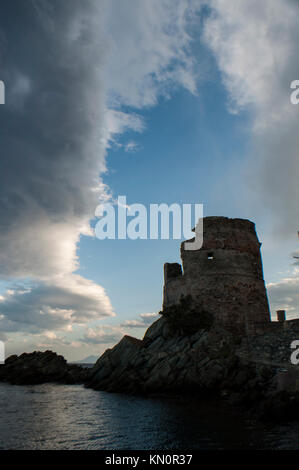 Corsica: Mare Mediterraneo e la Tour d'Erbalunga, rovinata torre genovese in comune di Brando (Haute-Corse) sulla costa orientale di Cap Corse Foto Stock