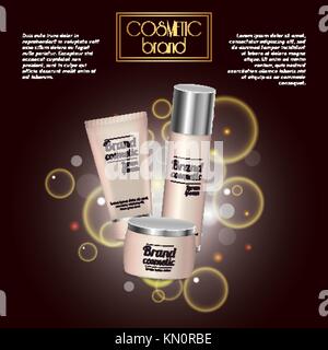 3d realistica bottiglia cosmetici annunci modello. cosmetici pubblicità del marchio concept design con bolle e bagliori. Illustrazione Vettoriale