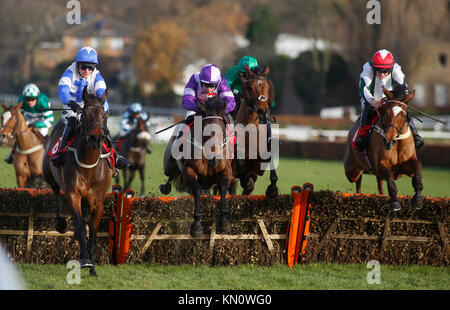 Awesome Rosie e Wayne Hutchinson (seconda a sinistra) cancella l'ultimo volo prima di andare a vincere la Lpa pulizia e igiene Mares' Handicap Hurdle gara corsa durante il giorno due di Betfair Tingle Creek Festival di Natale a Sandown Park Racecourse. Foto Stock