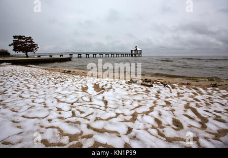 Mandeville, Louisiana, Stati Uniti d'America. L'8 dicembre, 2017. la neve cade nel sud della Louisiana e ricopre la riva del lago Pontchartrain a Fontainebleau parco dello stato su dec. 8, 2017. Un mix invernale di precipitazione è caduto attraverso più profondo sud membri causando molte aziende e scuole per arrestare. Credito: julie dermansky/zuma filo/alamy live news Foto Stock