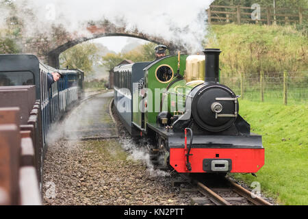 Treno a vapore e diesel treno passa sul Ravenglass e Eskdale ferrovia a scartamento ridotto, Eskdale Valley, Cumbria, England, Regno Unito Foto Stock