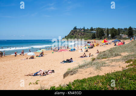 Persone che prendono il sole sulla spiaggia di Newport, Sydney, NSW, Australia in una giornata estiva Foto Stock