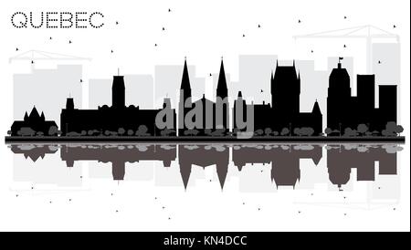 Québec Canada skyline della città in bianco e nero con silhouette riflessioni. Illustrazione Vettoriale. Business travel concept. Quebec Cityscape con punti di riferimento. Illustrazione Vettoriale