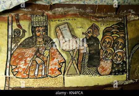 L imperatore Costantino ascoltando Arius presso il consiglio di Nicacea in ANNUNCIO 325 , affresco nella chiesa rupestre Maryam Papaseyti, Gheralta, Tigray, Etiopia Foto Stock