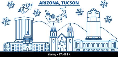 Stati Uniti d'America, Arizona, Tucson winter skyline della città. Buon Natale e felice anno nuovo banner decorati. inverno biglietto di auguri con la neve e il santa claus. Piatto, vettore di linea. lineare illustrazione di natale Illustrazione Vettoriale