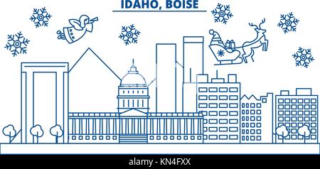 Stati Uniti d'America, Idaho , boise inverno skyline della città. Buon Natale e felice anno nuovo banner decorati. inverno biglietto di auguri con la neve e il santa claus. Piatto, vettore di linea. lineare illustrazione di natale Illustrazione Vettoriale