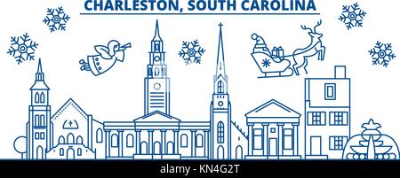 Stati Uniti d'America, Sud Carolina, charleston inverno skyline della città. Buon Natale e felice anno nuovo banner decorati.inverno biglietto di auguri con la neve e babbo natale.piana, vettore di linea. lineare illustrazione di natale Illustrazione Vettoriale