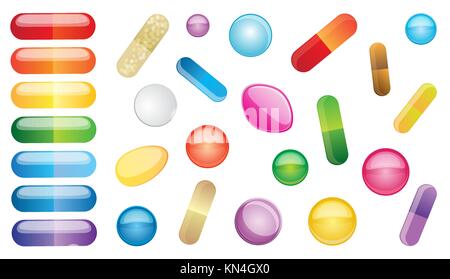 Set di variopinte pillole isolati su sfondo bianco Illustrazione Vettoriale