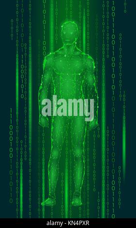 Humanoid android man standing cyberspazio codice binario. Robot Intelligenza Artificiale bassa poli poligonale del corpo umano forma fitness. Mente internet vettore di rete astratta illustrazione verde Illustrazione Vettoriale