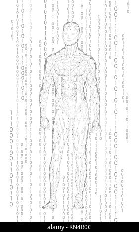 Humanoid android man standing cyberspazio codice binario. Robot Intelligenza Artificiale bassa poli poligonale del corpo umano forma fitness. Mente di rete internet astratto vettore grigio bianco illustrazione Illustrazione Vettoriale