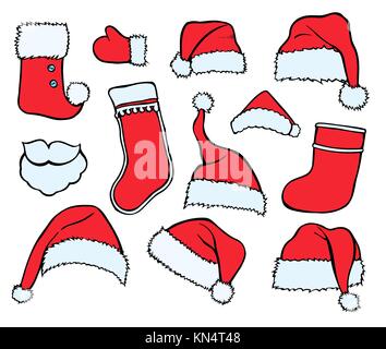 Patch colorati distintivi di differenti buon natale attributi. set di felice anno nuovo adesivi, perni, magneti in cartoon lo stile comico. santa claus mitte Illustrazione Vettoriale