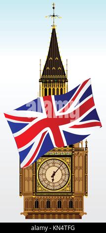 Una illustrazione dettagliata del big ben orologio e tetto con battenti bandiera europea Illustrazione Vettoriale