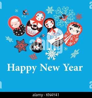 Nuovi anni biglietto di auguri su bambole divertenti su uno sfondo blu con i fiocchi di neve Illustrazione Vettoriale