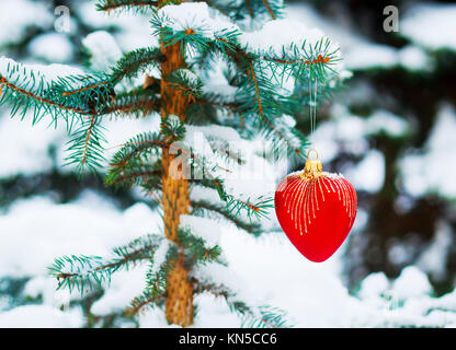Un cuore luminoso rosso a forma di albero di natale decorazione appeso a un albero di Natale nel Winter Park Foto Stock
