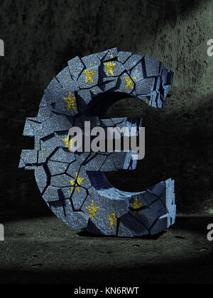 3D rendering di fractured simbolo valuta euro avvolto intorno con la bandiera dell'UE su sfondo grigio scuro Foto Stock