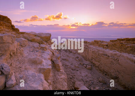 Bella viola alba sulla fortezza di Masada. Rovine del re Erode il palazzo nel deserto Judaean Foto Stock