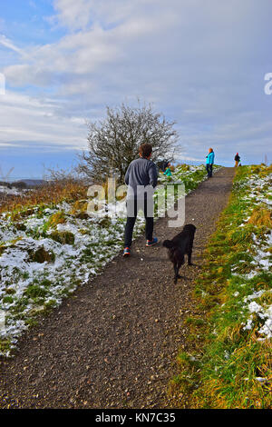 Un uomo e il suo cane, facendo una passeggiata fino a Caerphilly montagna dopo la prima neve dell'inverno 2017 Foto Stock