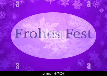 Buon Natale scritta in tedesco su sfondo viola con fiocchi di neve bianca Foto Stock
