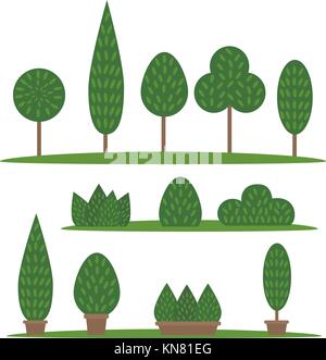 Giardino e parco set. Cartoon alberi e cespugli Illustrazione Vettoriale