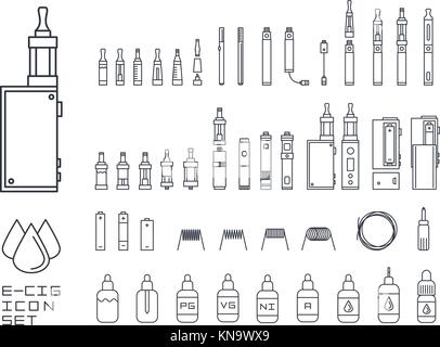 Set vecor di vape correlati linea semplici icone. RDA, atomizzatore, punta di gocciolamento, mod, e-liquido, bobina Illustrazione Vettoriale