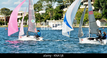 Lago Macquarie, Australia - 17 Aprile. 2013: i bambini a competere in Australian combinati di alta scuola campionati di vela. Giovani concorrenti racing Foto Stock