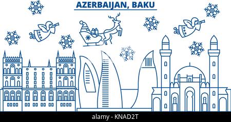 Azerbaigian, Baku inverno skyline della città. Buon Natale e felice anno nuovo banner decorati con babbo natale.inverno il messaggio di saluto della scheda di linea.piana, vettore di contorno.linear neve natalizia illustrazione Illustrazione Vettoriale