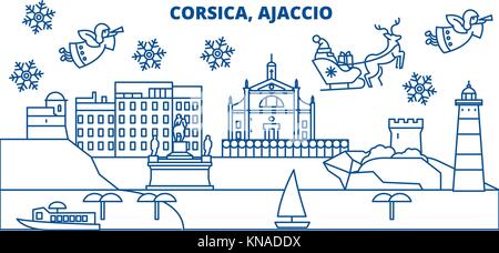 Francia, Ajaccio inverno skyline della città. Buon Natale e felice anno nuovo banner decorati con babbo natale.inverno il messaggio di saluto della scheda di linea.piana, vettore di contorno.linear neve natalizia illustrazione Illustrazione Vettoriale