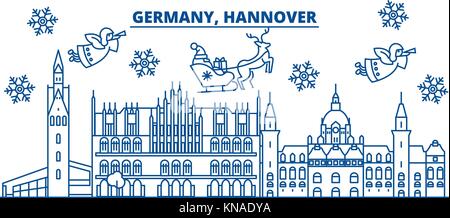 Germania, Hannover inverno skyline della città. Buon Natale e felice anno nuovo banner decorati con babbo natale.inverno il messaggio di saluto della scheda di linea.piana, vettore di contorno.linear neve natalizia illustrazione Illustrazione Vettoriale