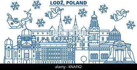 La Polonia, a Lodz inverno skyline della città. Buon Natale e felice anno nuovo banner decorati con babbo natale.inverno il messaggio di saluto della scheda di linea.piana, vettore di contorno.linear neve natalizia illustrazione Illustrazione Vettoriale